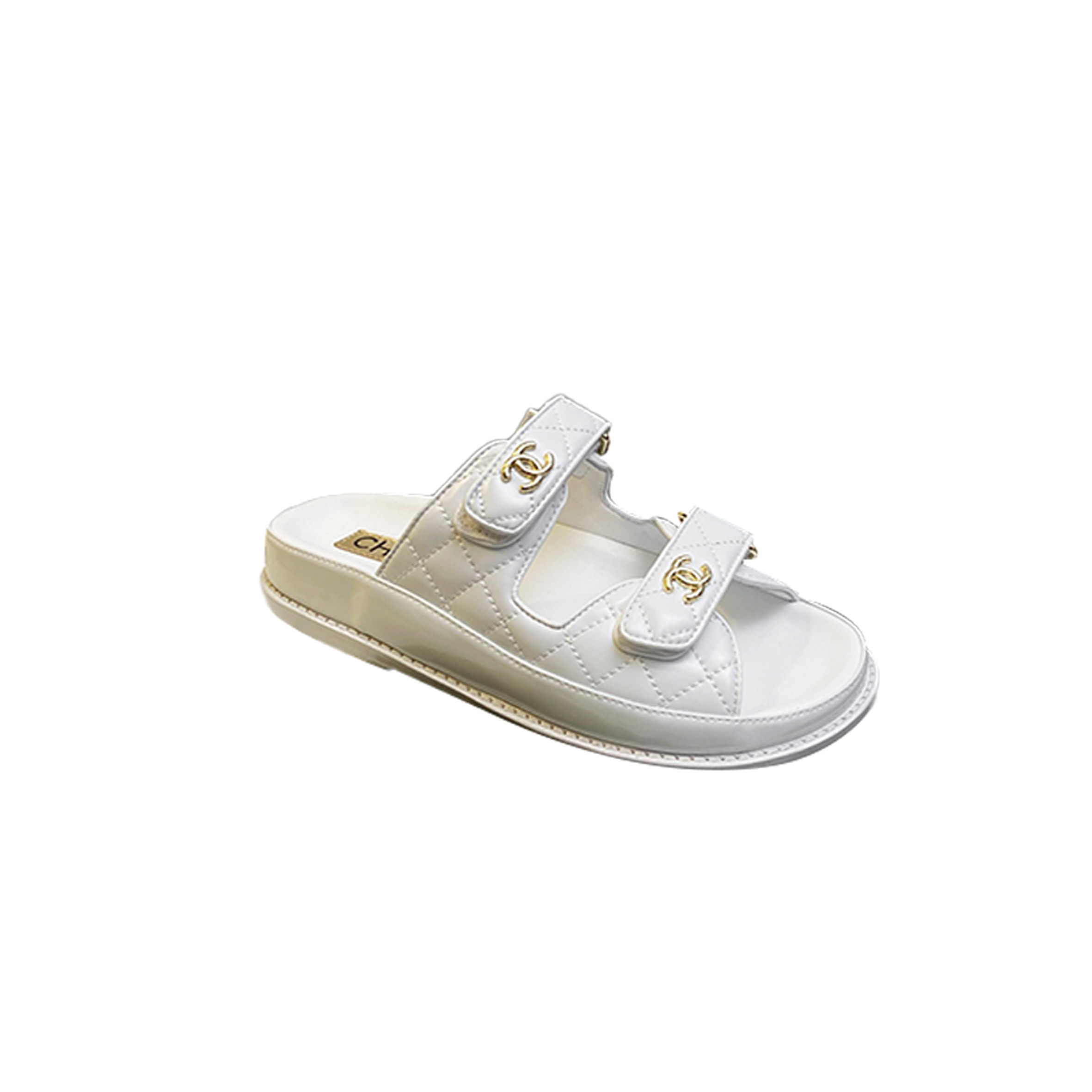 Ch*el lambskin quilted velcro dad chain cc slide sandals